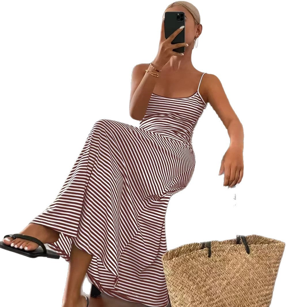 Fashionable Short-Sleeve Tank Top Backless Striped Slip Dress