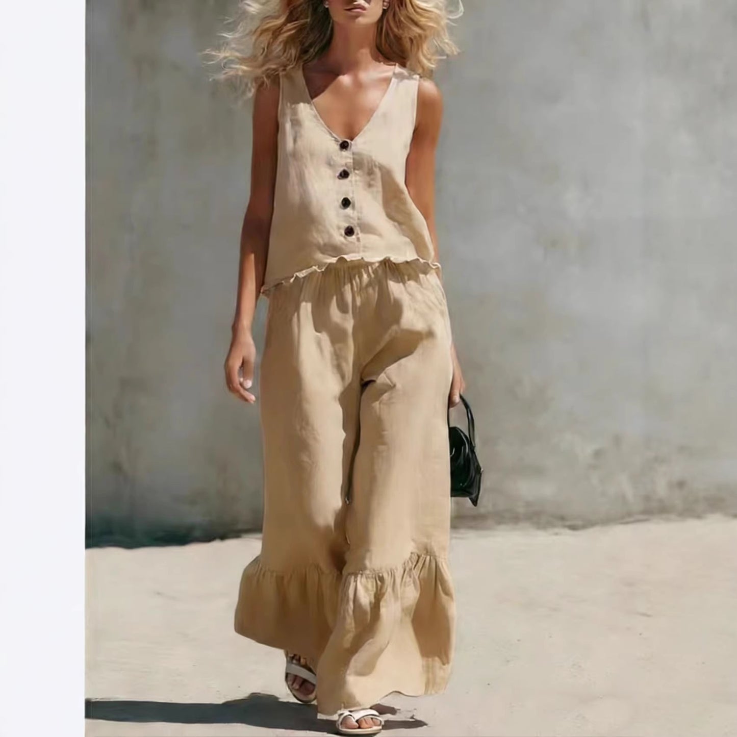 Womens Fashion Casual Solid Color V-Neck Vest And Pants Two-Piece Set