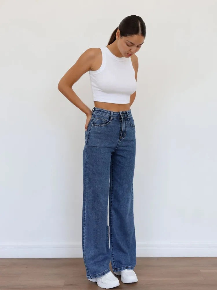 European And American-style Casual Solid-color Straight-leg High-waist Womens Washed Denim Jeans