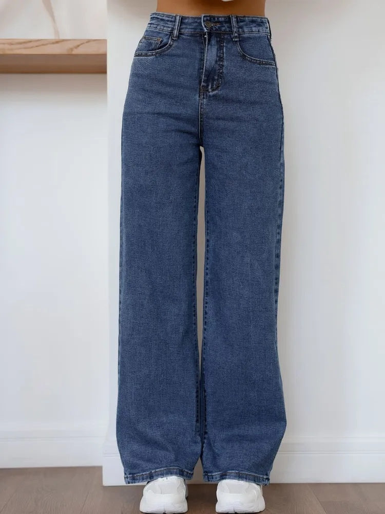 European And American-style Casual Solid-color Straight-leg High-waist Womens Washed Denim Jeans