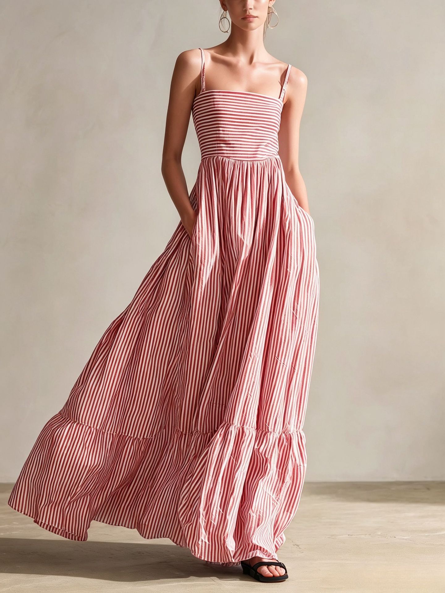 Striped Woven Sleeveless Long Dress With Thin Straps