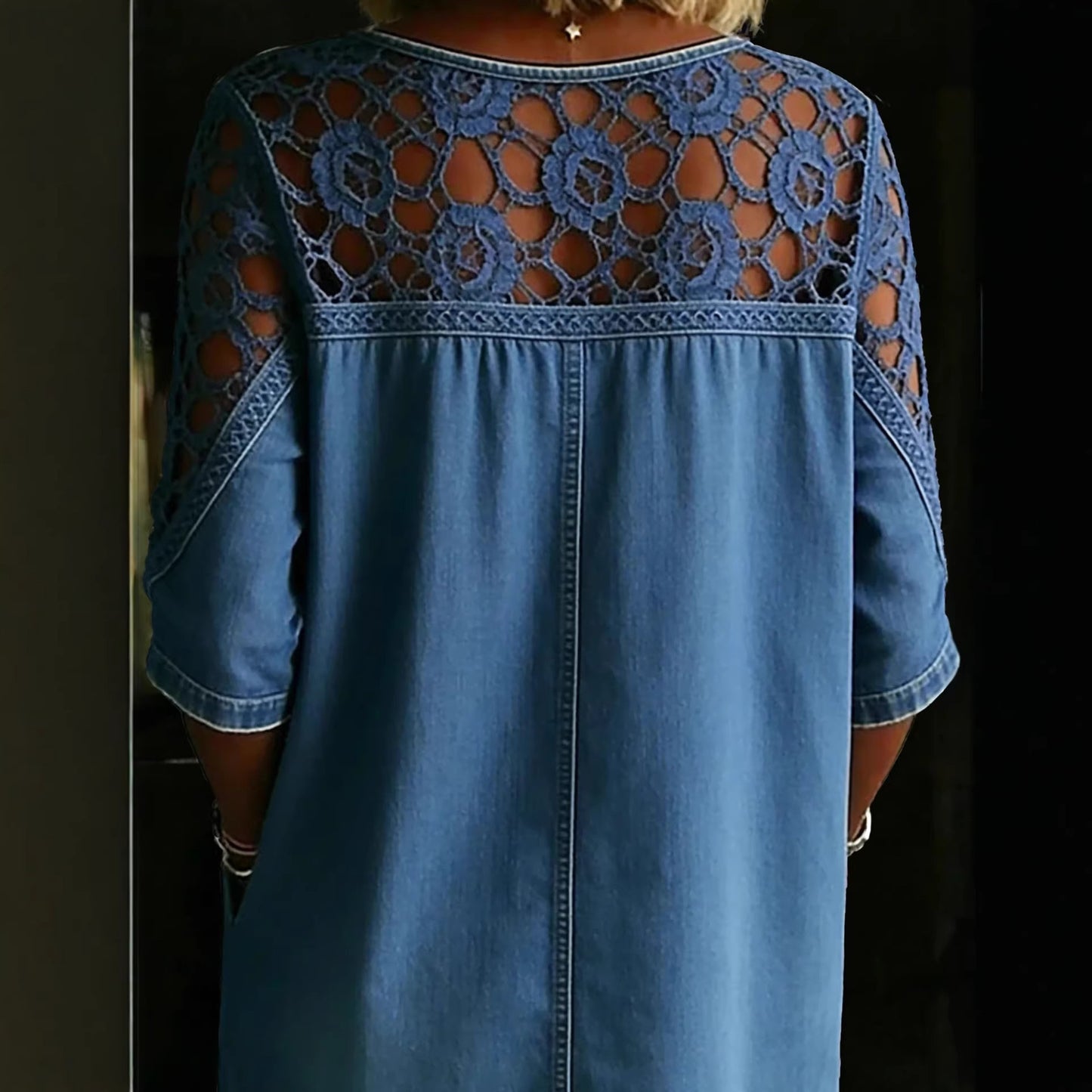 Loose-fitting Hollow-out Lace Womens Denim Shirt