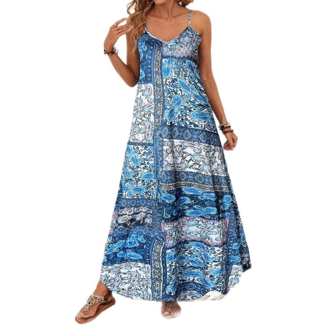 Resort-Style Printed Casual V-Neck Slip Dress With Straps