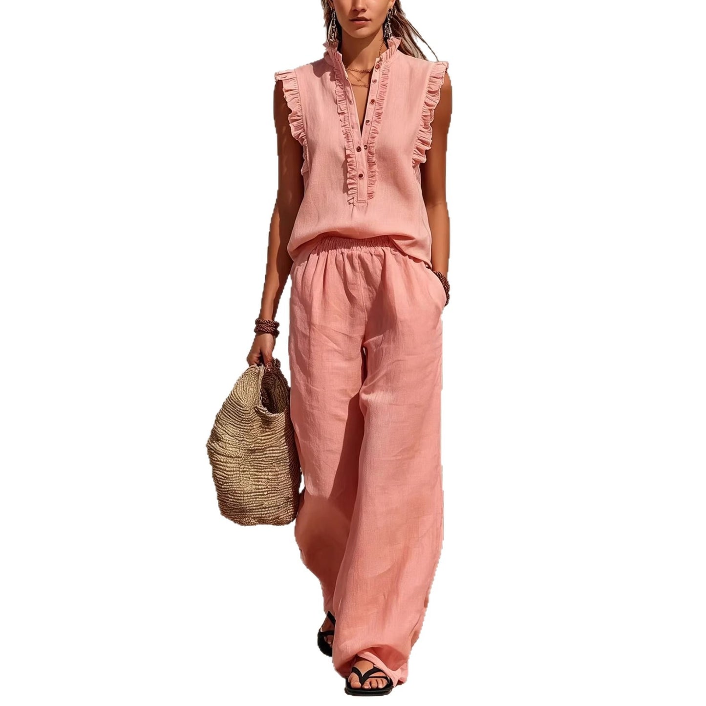 Sleeveless Ruffled V-neck Top And Elastic-waist Wide-leg Pants