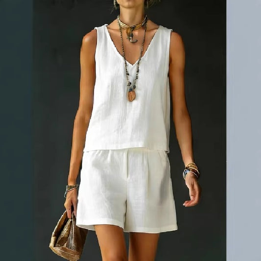 Sleeveless Linen Cotton Top Vest And Shorts Womens Solid Color Two-Piece Set