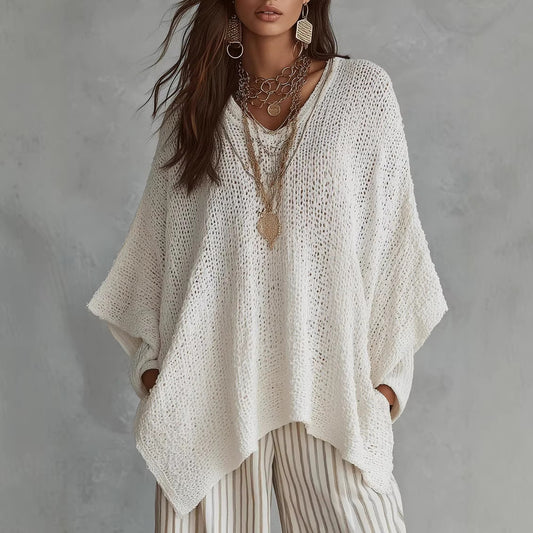 Hollow-out Solid Color Loose Vintage Womens Long-Sleeve Knit Top