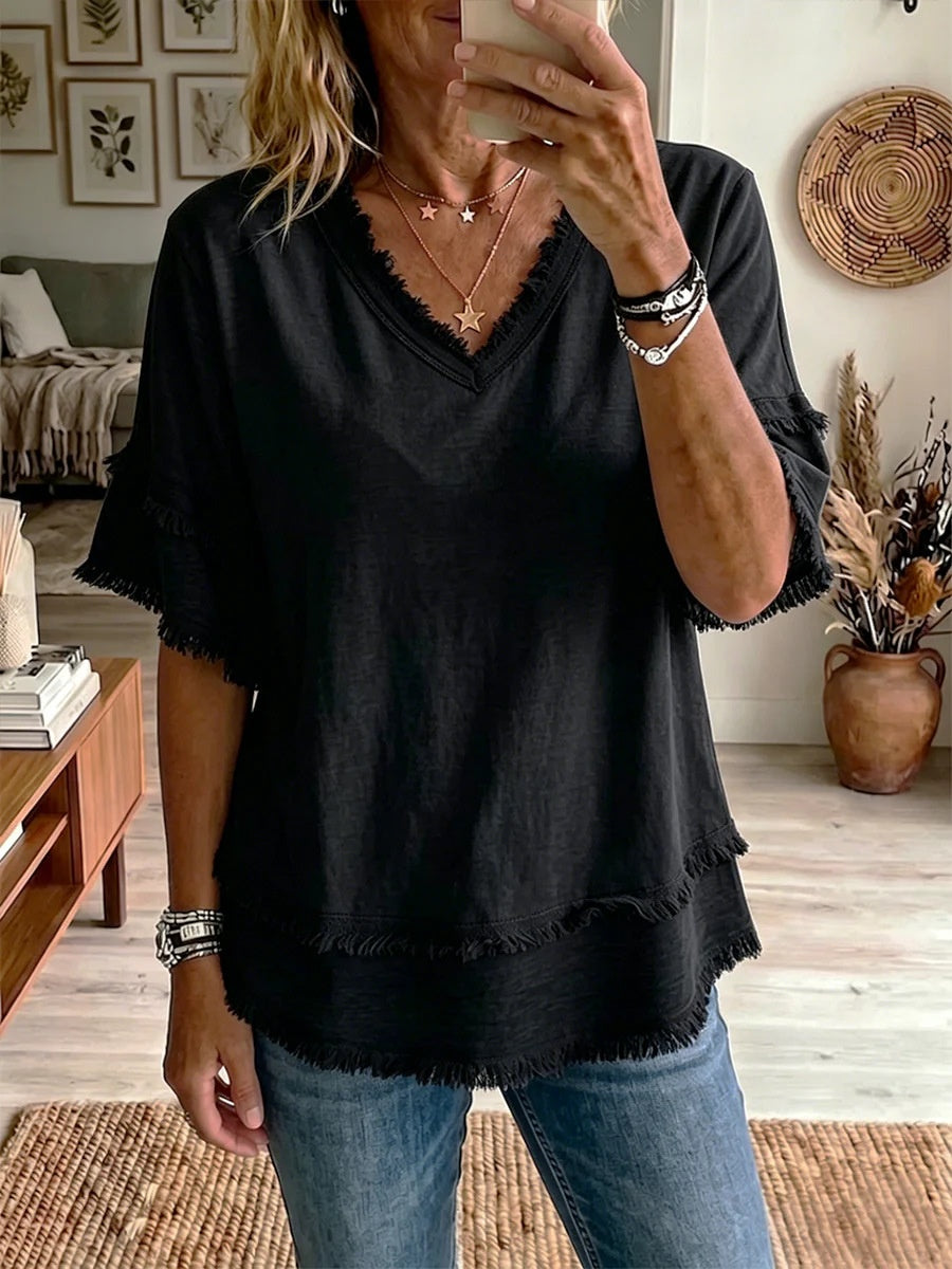 Women's V-Neck Pullover Short-Sleeve Loose Shirt