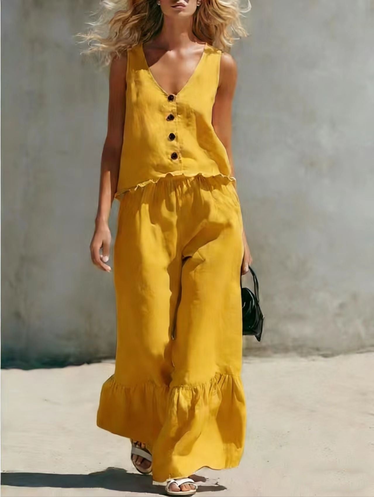 Womens Fashion Casual Solid Color V-Neck Vest And Pants Two-Piece Set