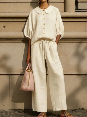 Fashionable Collar Shirt And Wide-Leg Pants Linen Two-Piece Set