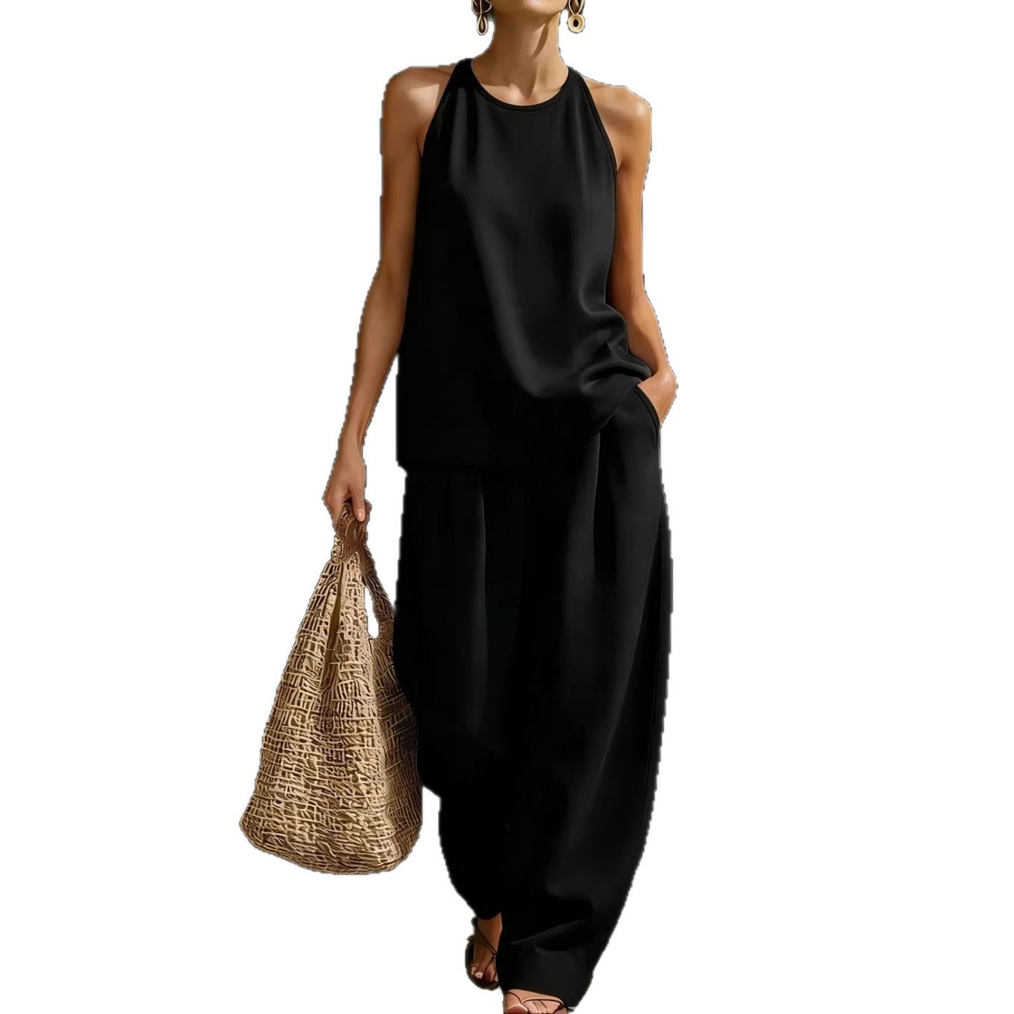New Womens Crew-Neck Sleeveless Fashionable Casual Set