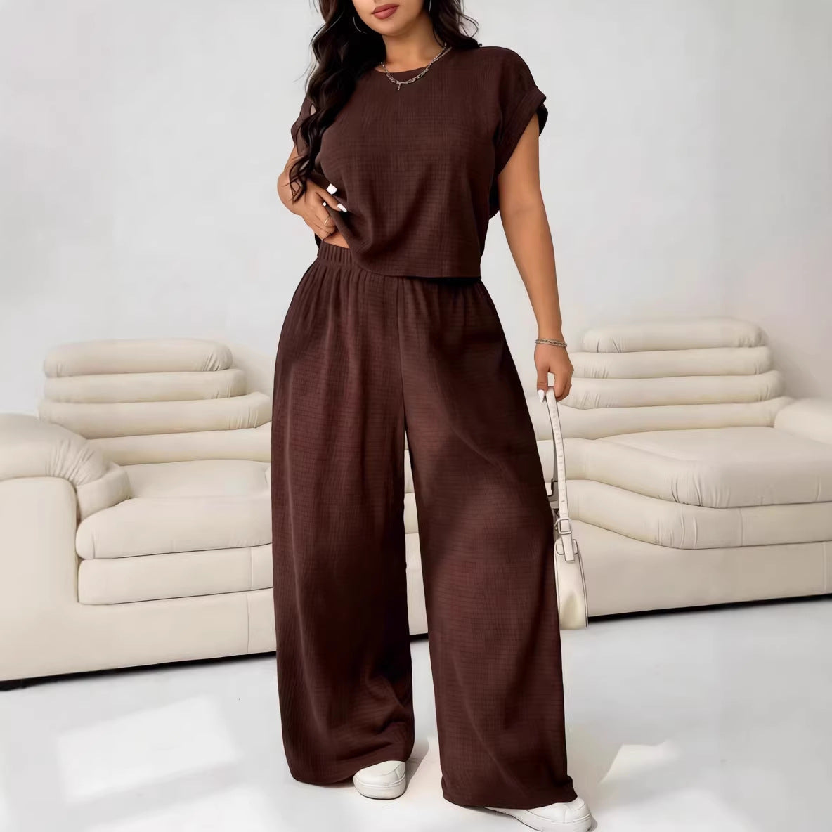 Casual Set Short-Sleeve Top And Wide-Leg Pants Two-Piece Suit