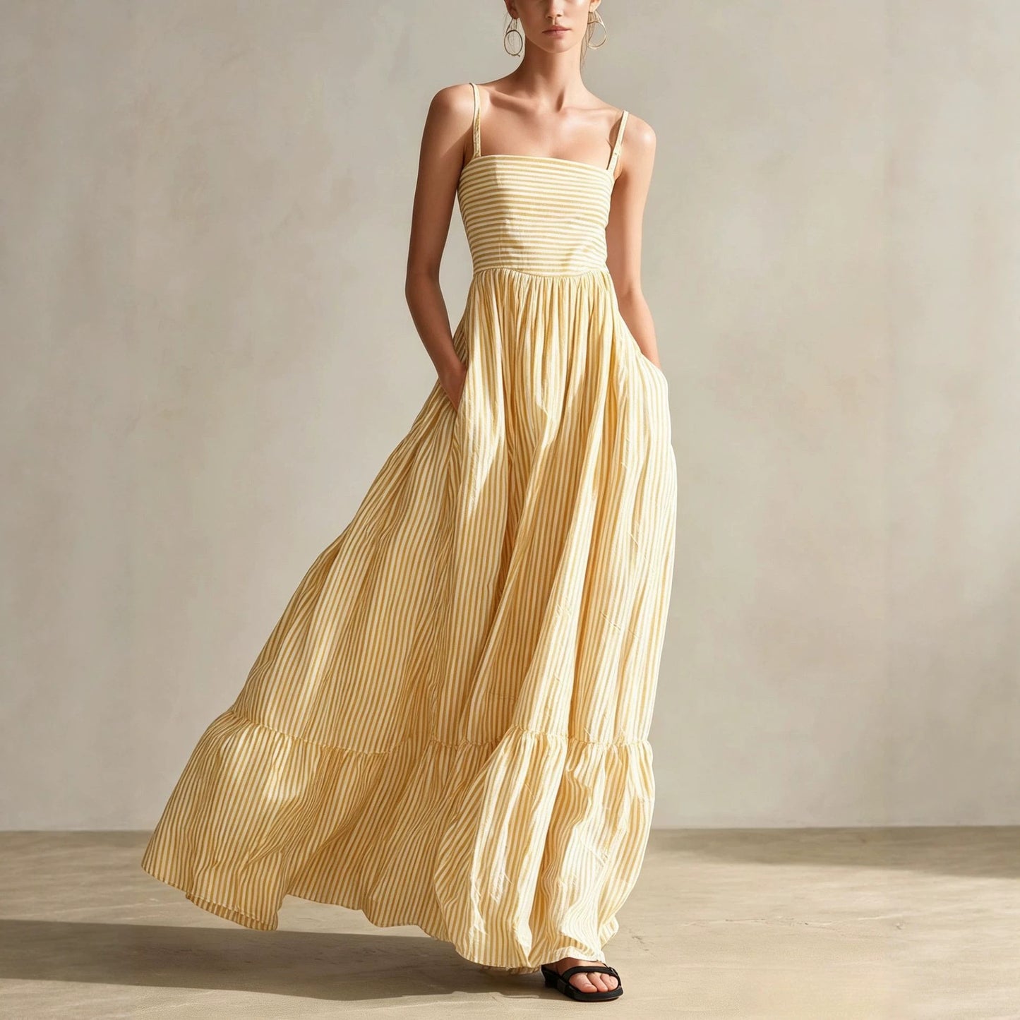 Striped Woven Sleeveless Long Dress With Thin Straps