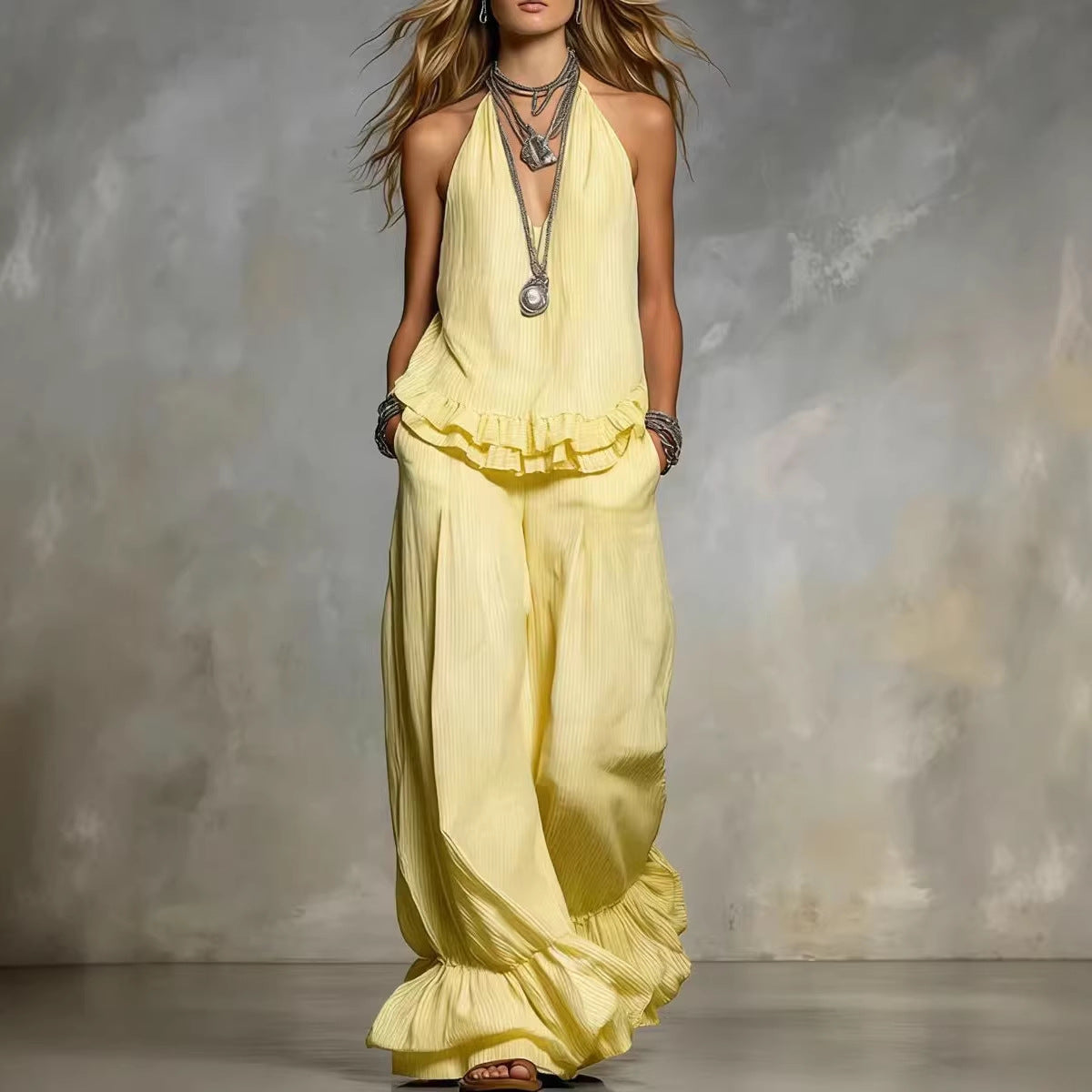 Women's Casual V-Neck Fashionable Ruffle Trim Set