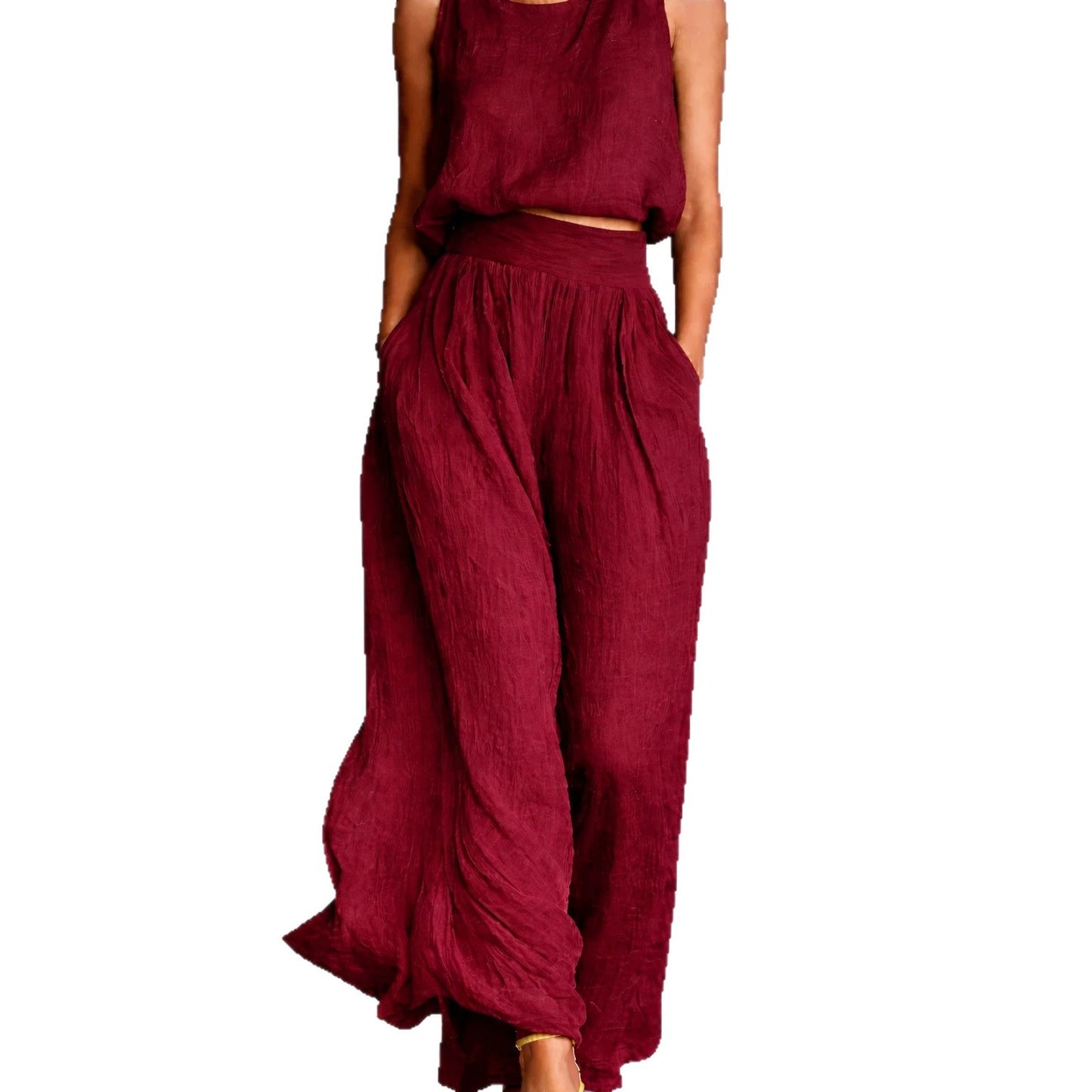 Casual Sleeveless Loose Crew-Neck Top And Wide-Leg Pants Set