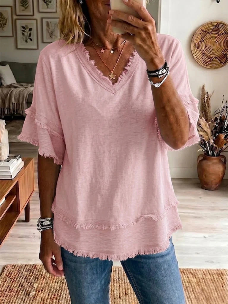 Women's V-Neck Pullover Short-Sleeve Loose Shirt