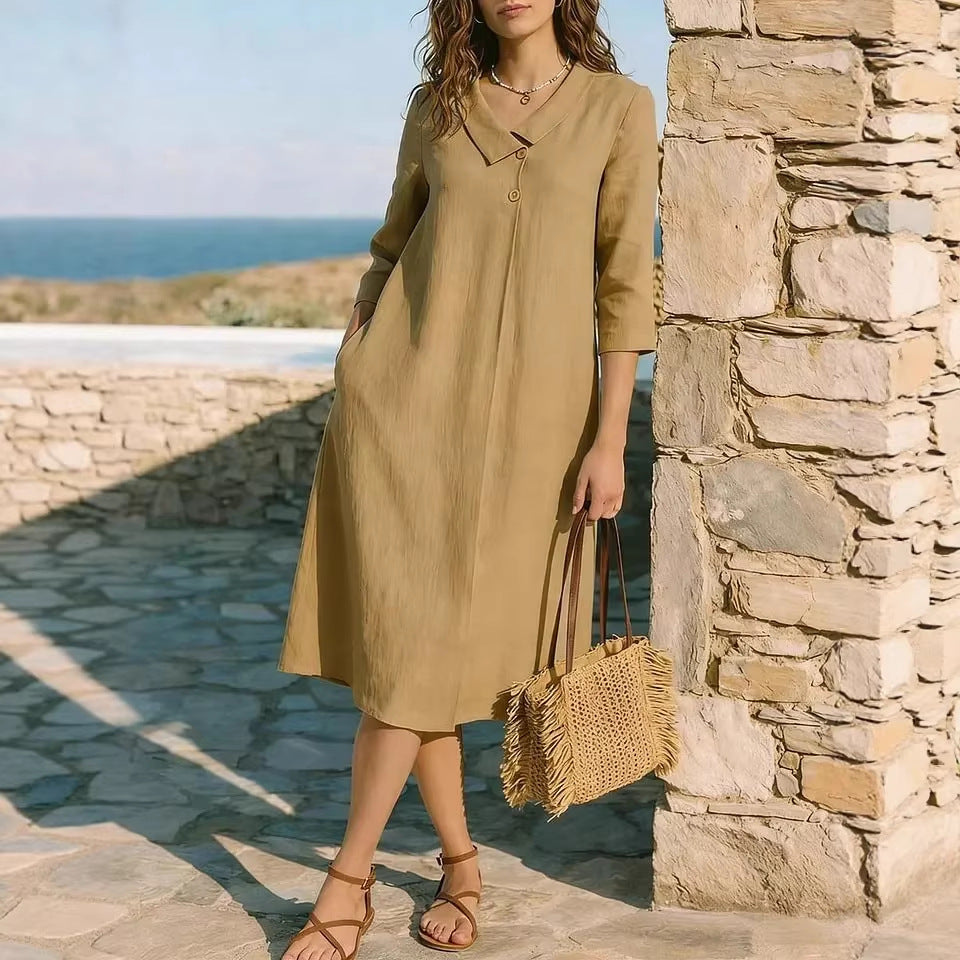 Womens Linen Irregular Suit-Style Collar Dress