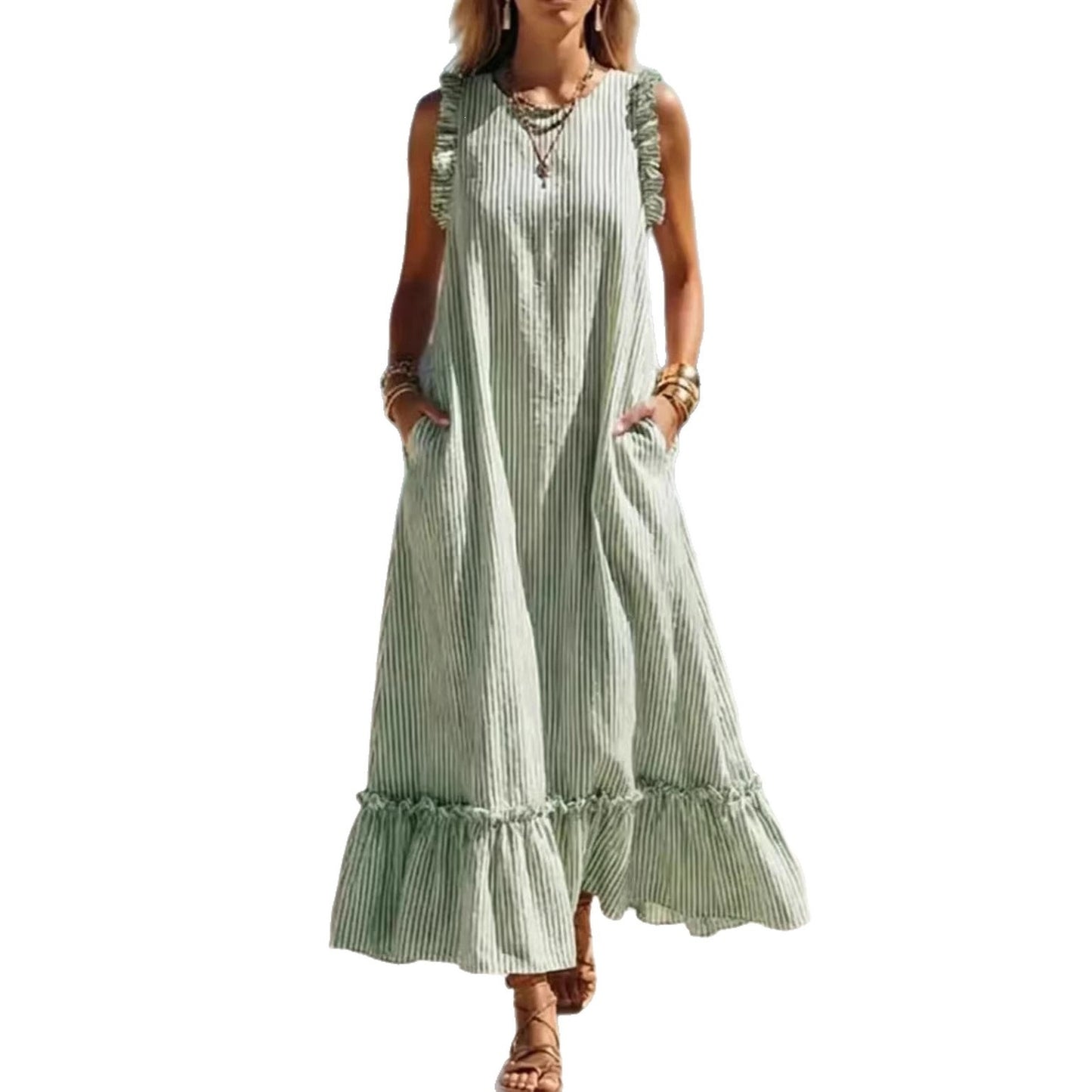 Sleeveless Ruffled Loose Striped Dress
