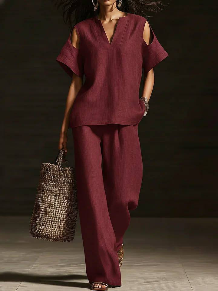 Womens Solid-Colored V-Neck Straight-Leg Pants Short-Sleeve Set With Ripped Details