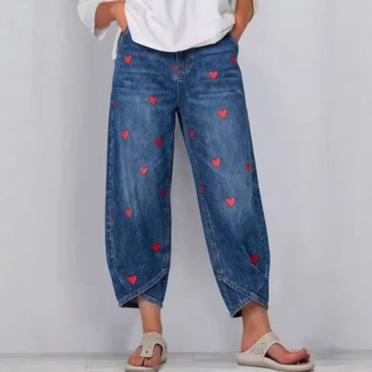 Women's Washed Denim Jeans With Heart Print