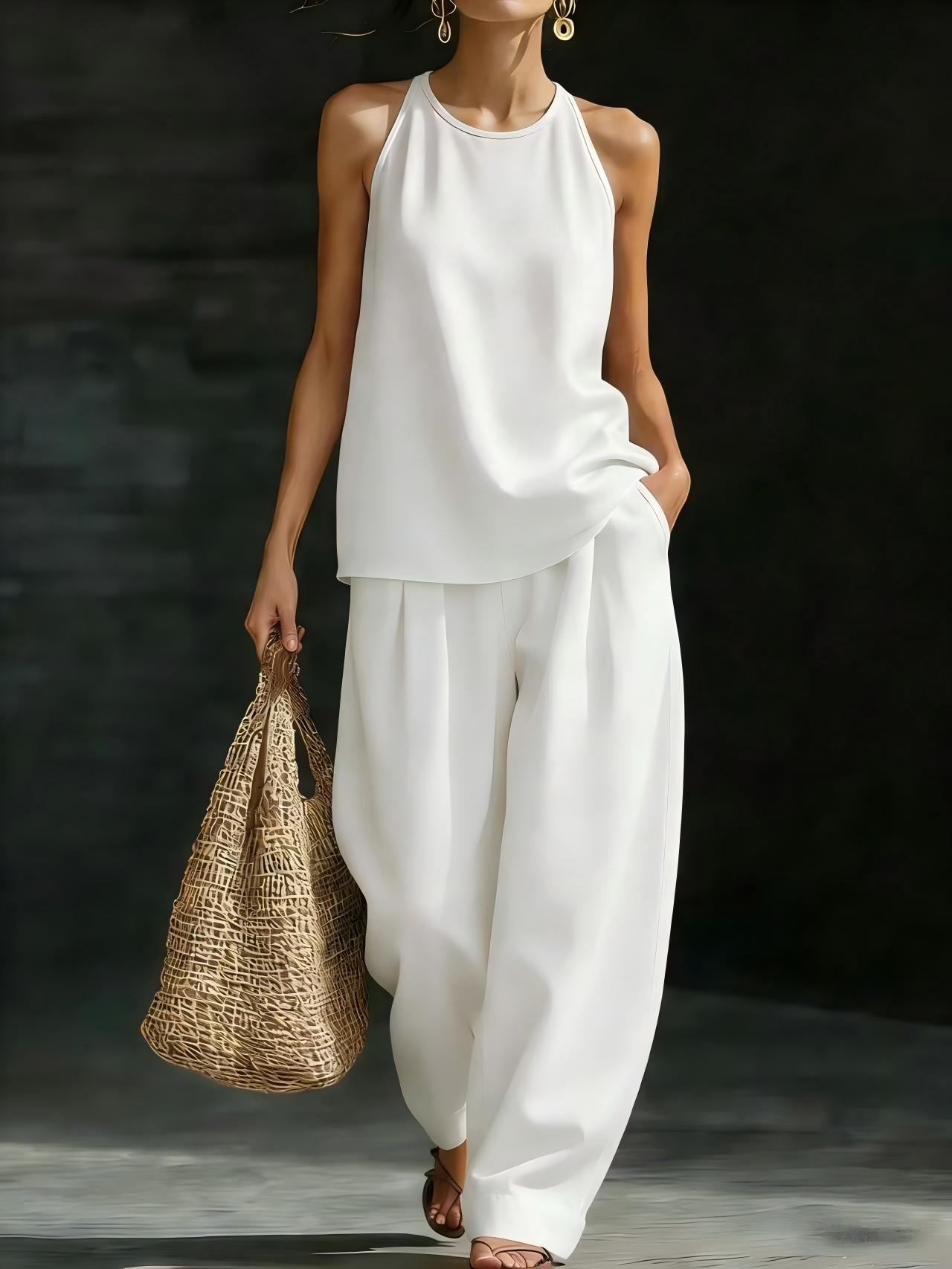 New Womens Crew-Neck Sleeveless Fashionable Casual Set
