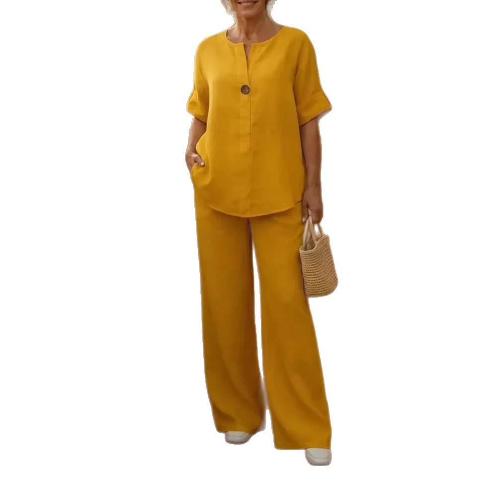 Women's Buttoned Cotton And Linen Set