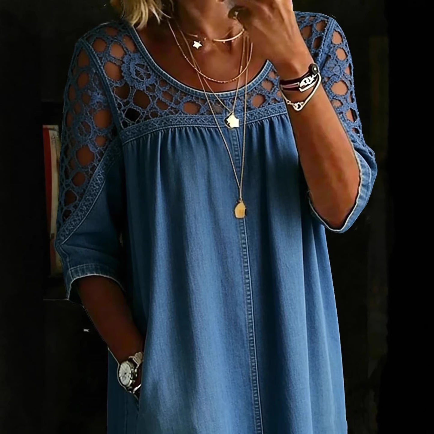 Loose-fitting Hollow-out Lace Womens Denim Shirt