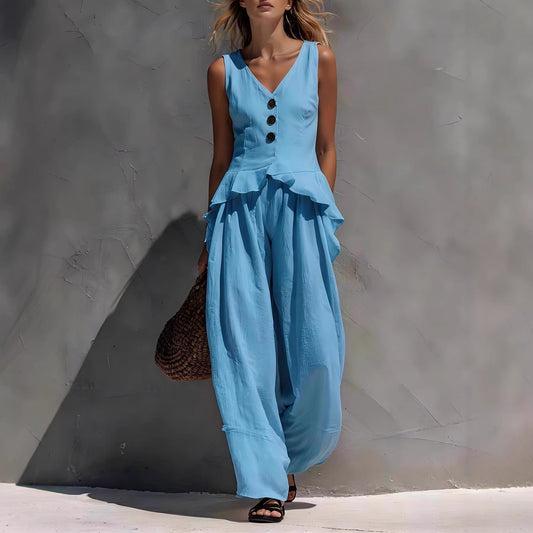 Sleeveless V-neck Ruffled Tank Top Draping Wide-leg Pants Two-piece Set