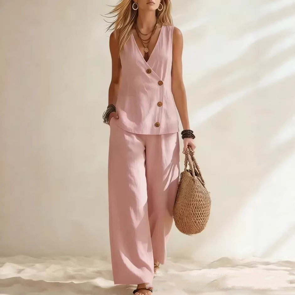 Women's Button Up Cardigan Vest Pants Set