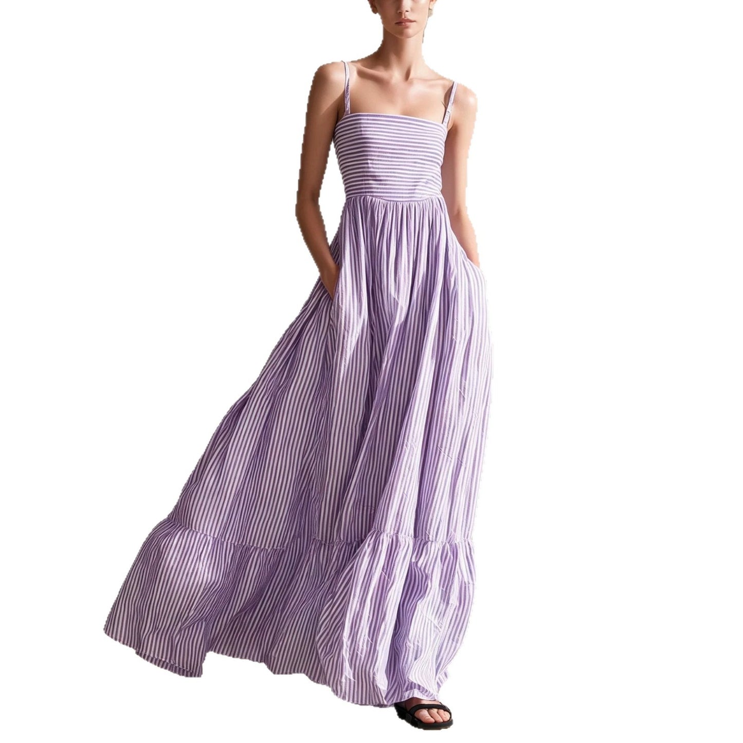 Striped Woven Sleeveless Long Dress With Thin Straps