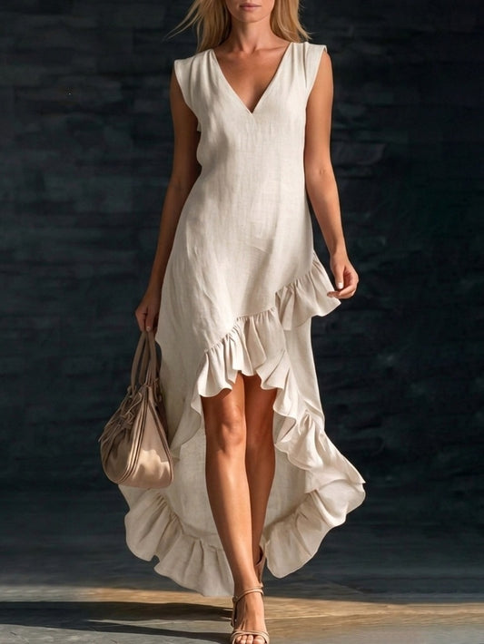 Women's Fashion Romantic Sleeveless V-Neck Ruffle Hem Cotton Linen Maxi Dress