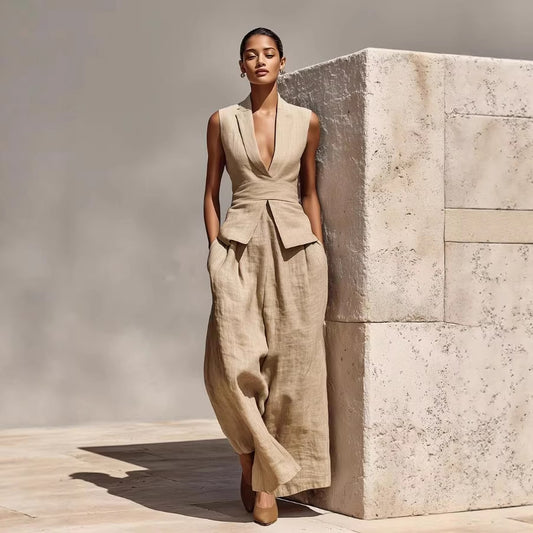 V-neck Sleeveless Tank Top And Casual Long Pants Set For Women