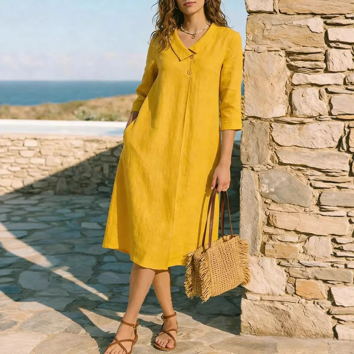 Womens Linen Irregular Suit-Style Collar Dress