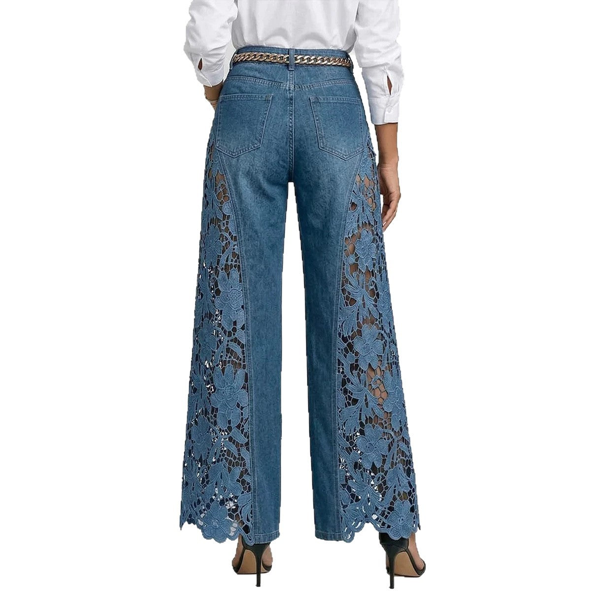 High-waisted Wide-leg Pants Womens Lace-panelled Jeans