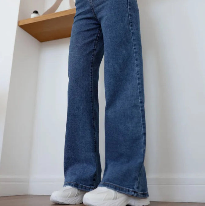 European And American-style Casual Solid-color Straight-leg High-waist Womens Washed Denim Jeans