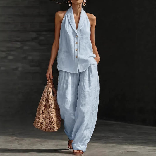 Wide-leg Pants Suit Womens Cotton-linen Fashionable Two-piece Set