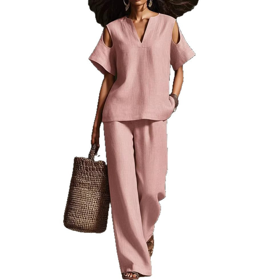 Womens Solid-Colored V-Neck Straight-Leg Pants Short-Sleeve Set With Ripped Details