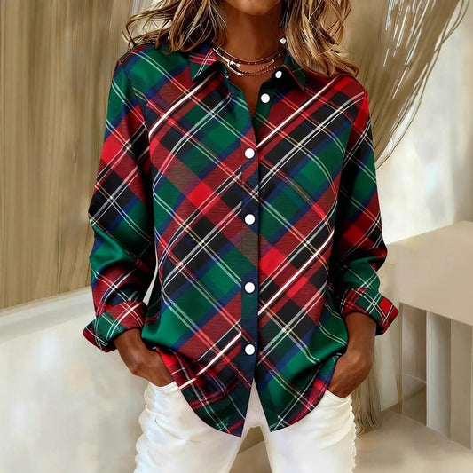 Womens Plaid Loose-Fit Retro Long-Sleeve Shirt Top