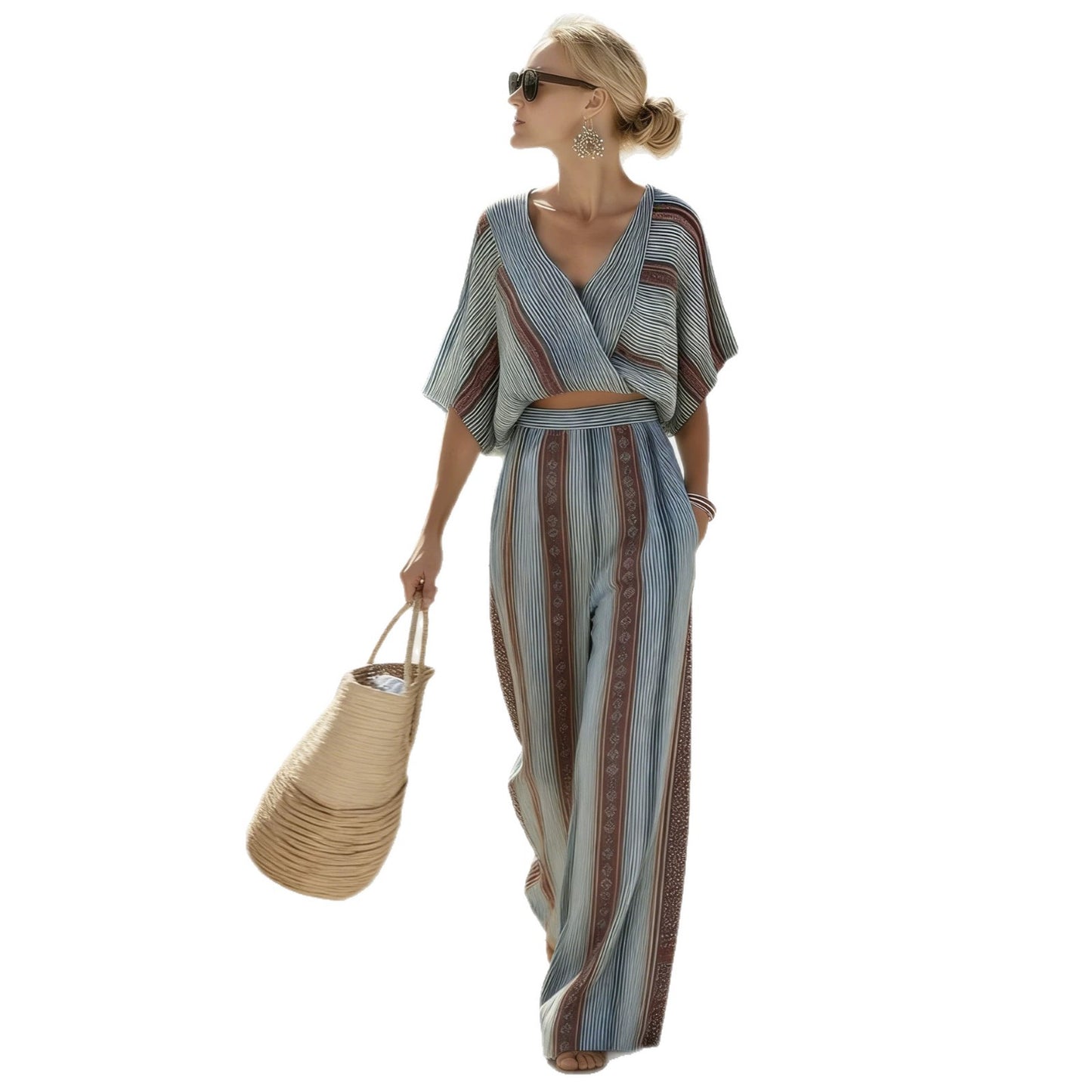 Striped Print V-Neck Short-Sleeve Pants Casual Set