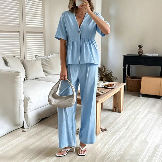 V-neck Loose-fit Short-sleeve Top And Wide-leg Pants Two-piece Set