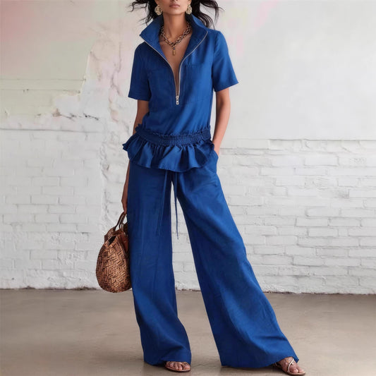 Solid-color Womens Wide-leg Trousers And Shirt Set