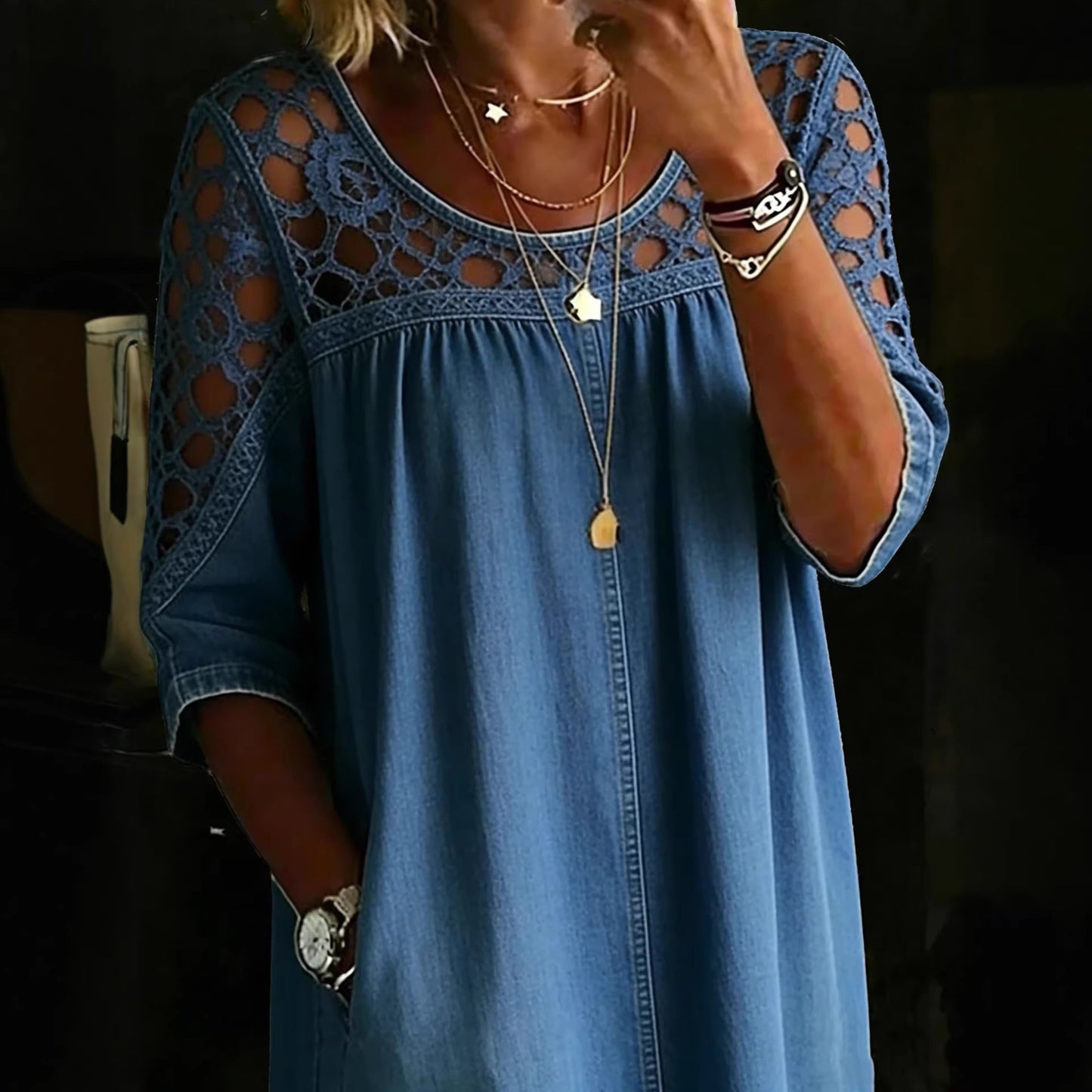 Loose-fitting Hollow-out Lace Womens Denim Shirt