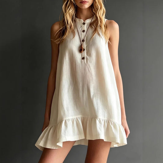 Cotton-Linen Solid-Color Stand Collar Sleeveless Ruffle-Trim Dress
