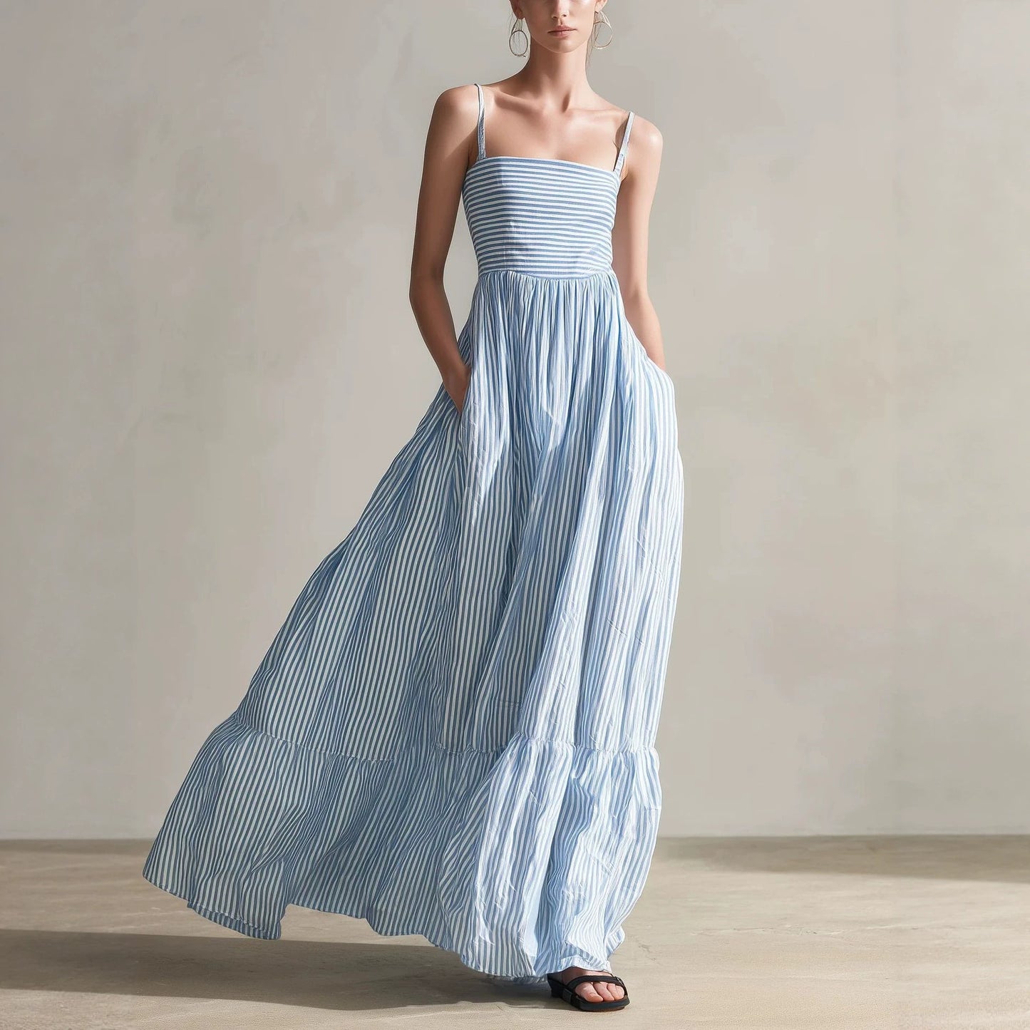 Striped Woven Sleeveless Long Dress With Thin Straps