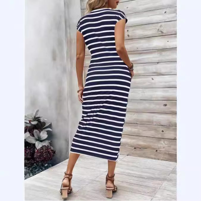 Waist Strap Striped Round Neck Short Sleeve And Long Pattern Dress