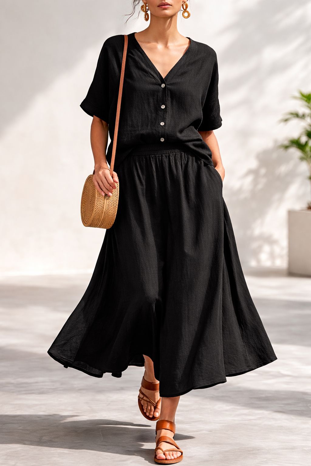 Cotton-linen V-neck Button-up Short-sleeve Top And Skirt Set