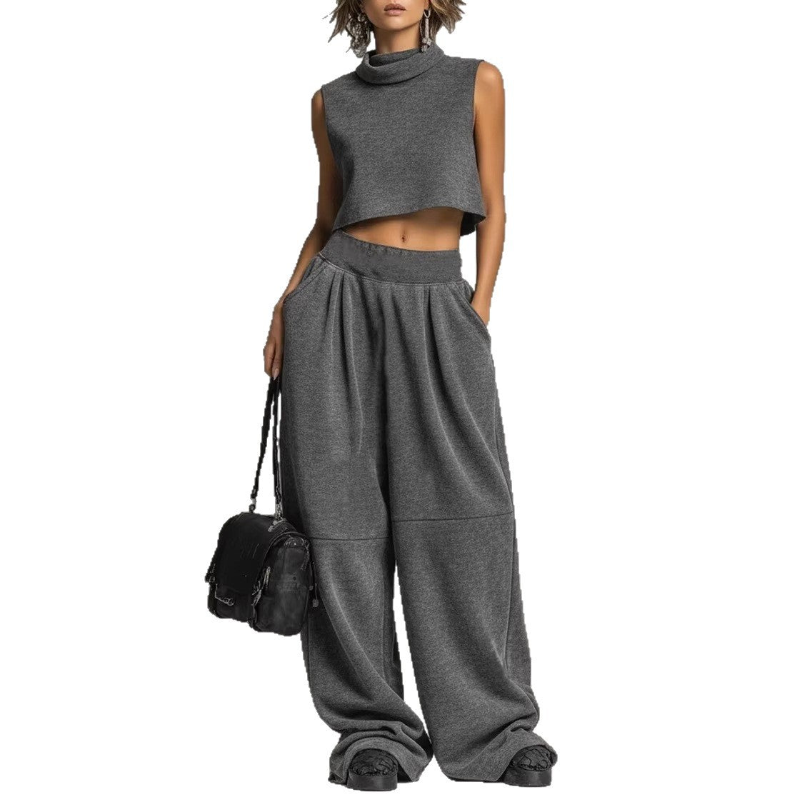 Womens Simple Loose Sleeveless Sweatshirt And Sweatpants Set
