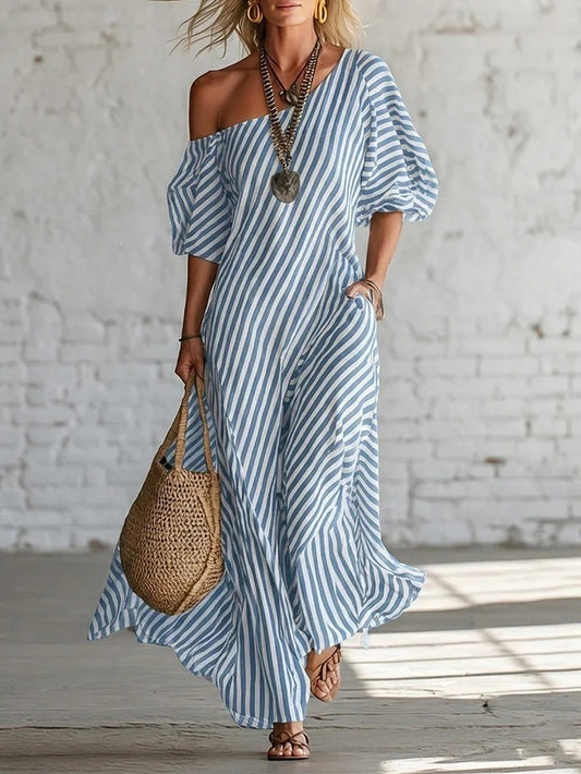 Spring Elegant Striped Off-Shoulder Dress