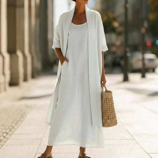 Womens Simple, Loose, Comfortable, Fashionable Cotton-Linen Two-Piece Dress Set