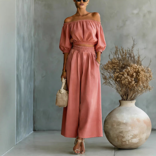 Casual Solid-color Cotton And Linen Top With High-waisted Wide-leg Pants