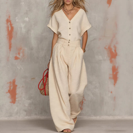 Solid-color V-neck Short-sleeve Top And Wide-leg Pants Set
